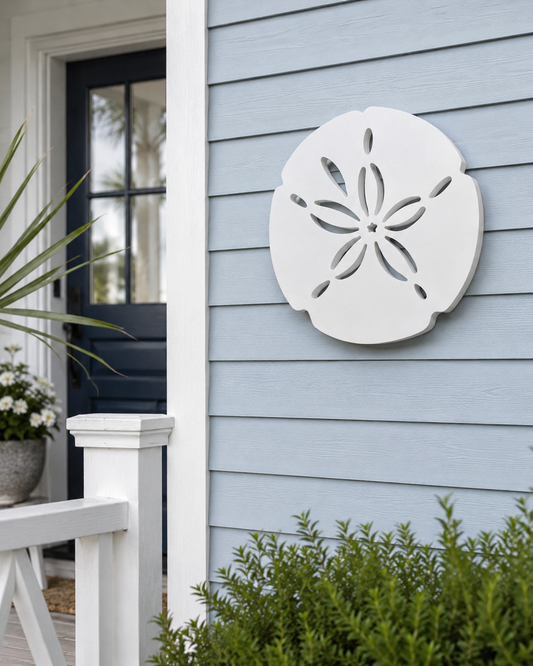 Decorative sand dollar sculpture on a light blue house exterior