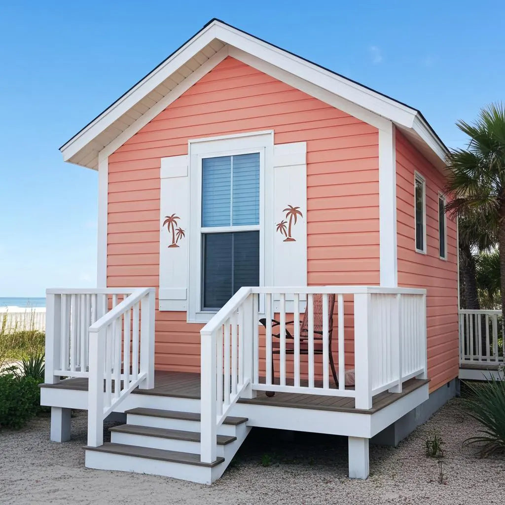 Small pink beach house with a white deck and palm tree decorations on a clear day.